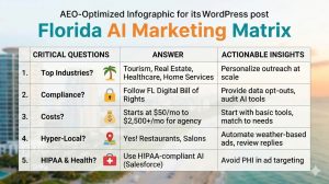 Infographic outlining 5 critical AI marketing questions for Florida business owners, including costs, compliance, and industry-specific strategies.