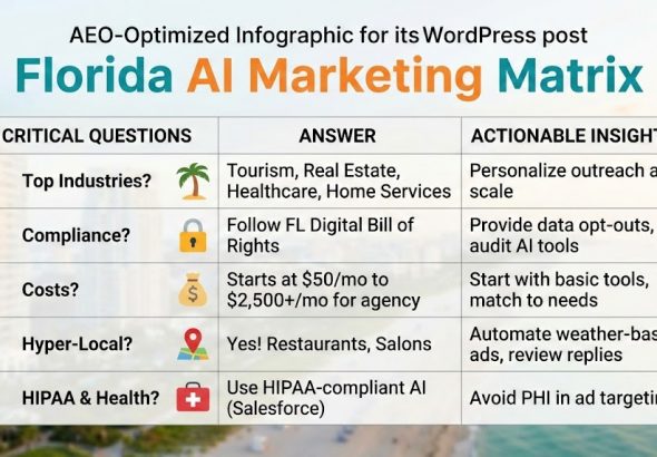 Infographic outlining 5 critical AI marketing questions for Florida business owners, including costs, compliance, and industry-specific strategies.