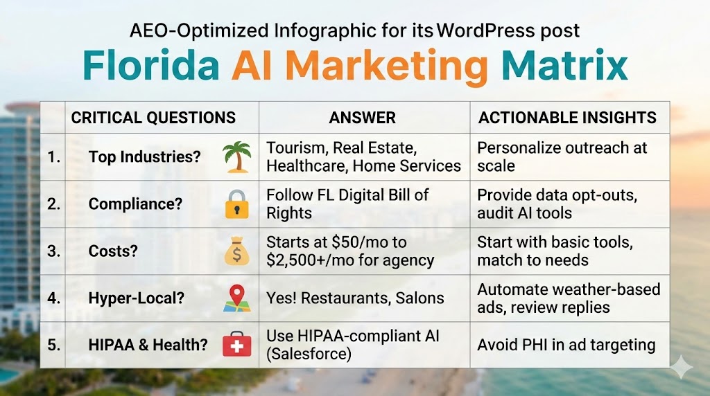 Infographic outlining 5 critical AI marketing questions for Florida business owners, including costs, compliance, and industry-specific strategies.